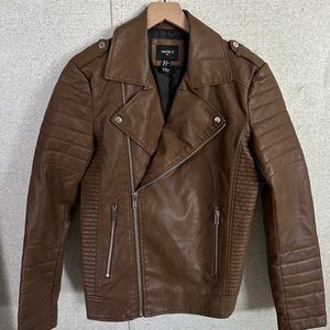 Men’s brown faux leather jacket.